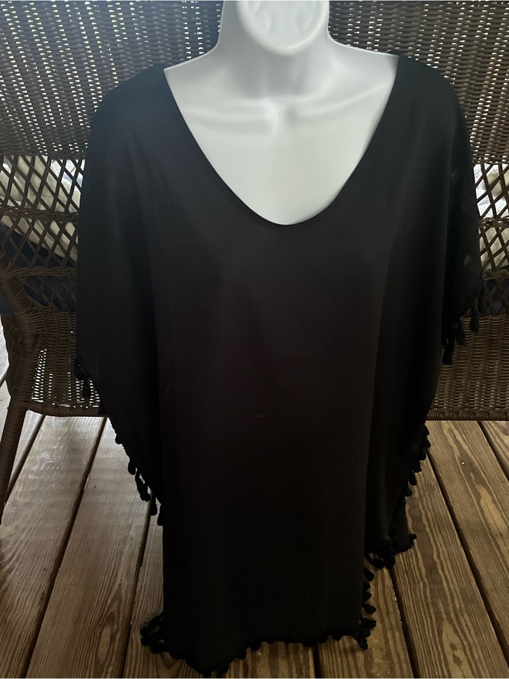 Women's Black Swim Coverup Tunic with Tassel Trim
